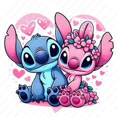 two cartoon characters sitting next to each other with hearts in the background and pink hearts around them