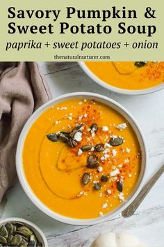 two bowls filled with pumpkin and sweet potato soup