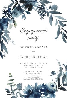 a wedding card with blue flowers and greenery on the front, in watercolor