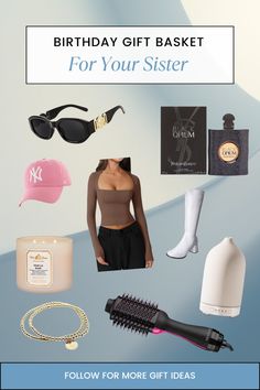 a woman's birthday gift basket for her sister, including sunglasses, hair brush and other items