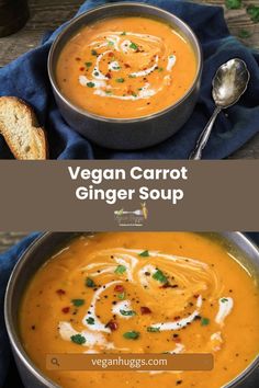 vegan carrot ginger soup in a bowl with bread on the side