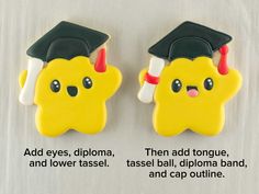 two decorated cookies with graduation caps on top of each cookie, one is yellow and the other is black