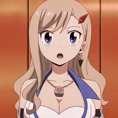 an anime character with long blonde hair and blue eyes, wearing a white dress in front of wooden paneled walls