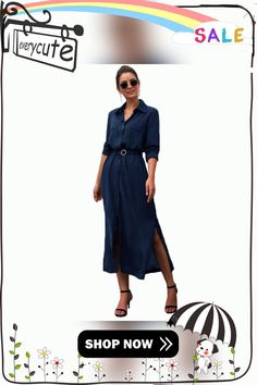 Navy Blue Button Down Split Maxi Shirt Dress Casual Blue Belted Maxi Dress, Blue Belted Button-up Dress, Belted Blue Shirt Dress For Summer, Chic Blue Midi Shirt Dress, Casual Belted Maxi Dress For Date Night, Elegant Blue Shirt Dress For Day Out, Blue Button-up Midi Dress For Office, Casual Collared Maxi Dress With Button Closure, Chic Solid Color Collared Shirt Dress