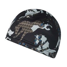 a black and white hat with horses on it