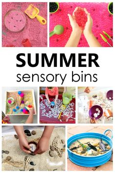 the words summer sensory bins are shown above pictures of different activities and crafts for kids