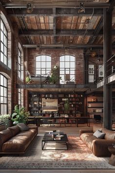 an industrial living room with brick walls and exposed ceilings, leather couches, coffee table, and bookshelves