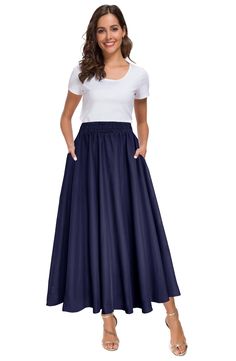 PRICES MAY VARY. High quality soft chiffon spring summer skirt,100% Polyester Elastic waist flare closure skirt,easy can dress up and down. Stretchy high waisted, flowy and swing pleasted a line fashionable and polka dot printed midi long pleated skirt, two pockets, A-line, polka dot, maxi skrit, midi skrit. It can be wore on casual, daily, travel, holiday, beach occasions,Perfect for spring, summer and autumn. Easy to wash by hands or machine wash,Do not Wring and bleach. Size Information (for Navy Blue Long Skirt, Long Skirt With Pockets, Blue Long Skirt, Modest Long Skirts, Long Pleated Skirt, Skirt Images, Pleated Long Skirt, Holiday Beach, Spring Skirts