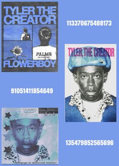 the poster for tyler the creator's album is shown in blue and black colors