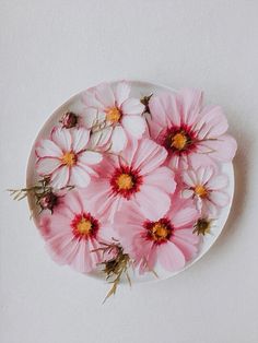 pink and white flowers are arranged on a plate with greenery in the center,