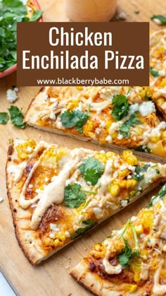 chicken enchilada pizza on a wooden cutting board with cheese and cilantro