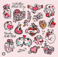 an assortment of stickers with hearts and animals