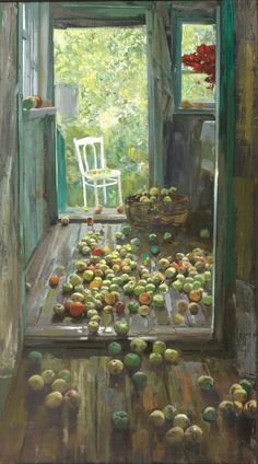 an oil painting of apples on a table in front of a window with a chair