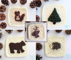 crocheted animals and pine cones are arranged in squares