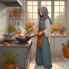 a painting of a woman cooking in a kitchen