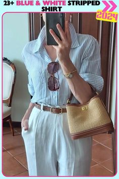 Blue and white striped shirt styled with white high-waist shorts and a woven bag, offering an effortless summer-ready look. A perfect blend of casual and chic with gold accents, ideal for daytime outings and warm weather. Summer Ready