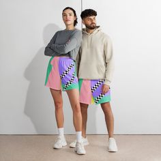 You've seen our color block swim trunks, now we've got the same eye catching design on athletic long shorts! The checkerboard skater and zig-zag accents bring these color block shorts into the modern age. Great for running, swimming, weight-lifting at the gym, skating, or anything that pops in your head. These shorts won't let you down!  * 96% polyester, 4% elastane (fabric composition may vary by 2%) * See size chart - size up for a looser fit! * Fabric weight: 4.7 oz/yd² (160 g/m weight may vary by 5% * Four-way stretch water-repellent microfiber fabric * 6.5″ (16.5 cm) inseam * Elastic waistband with a flat white drawstring * Mesh side pockets Long Shorts Aesthetic, Color Block Shorts, Shorts Aesthetic, Meme Design, Aesthetic Y2k, Elastane Fabric, White Flats, Long Shorts, At The Gym