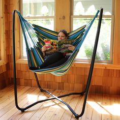 Add fun and comfort to any indoor or outdoor space, patio, deck or yard with this 2-point hanging space-saving hammock chair swing and stand set. Because of the unique durable A stand design and 2-point hanging chair this has a very roomy seat when compared to other hammock chairs made of soft cotton material with durable ropes and points for 2-sided hanging. The included A stand features a durable tubular steel construction. The heavy-duty stand features a unique double A frame secures the hamm Rope Hammock Chair, Chair Hammock, Hanging Chair With Stand, Hammock Chair Stand, Rope Hammock, Hammock Stands, Hammock Accessories, Hanging Hammock Chair, Hanging Hammock