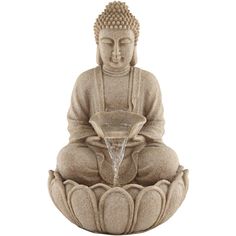 a buddha statue sitting on top of a bowl filled with water and holding a bowl