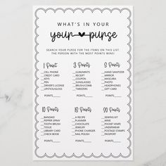 what's in your own purse game with black and white scalloped design