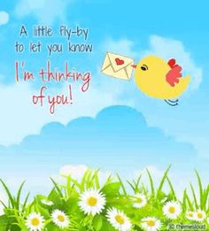 a yellow bird flying through the air with an envelope in it's mouth and daisies on the ground