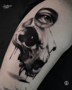 a man's arm with a skull and eye tattoo on it