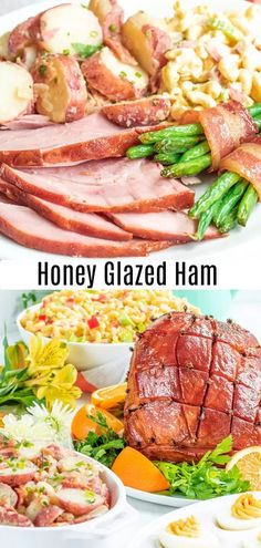 there are many different types of food on this plate and the words honey glazed ham