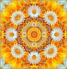 an orange and white flowered design with lots of yellow flowers on the bottom half