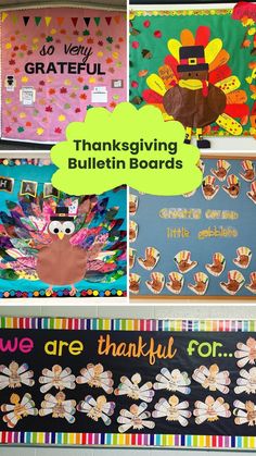 thanksgiving bulletin boards with turkeys and words on them