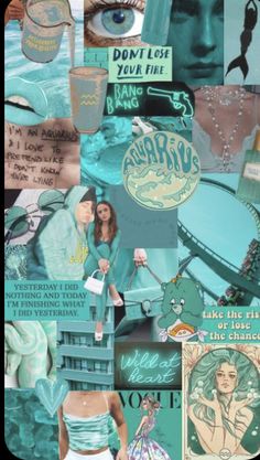 the collage shows various images and words in blue, green, white and black