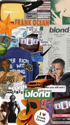 collage of various images including oranges, books, and other things with words written on them