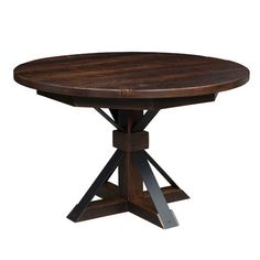 a round wooden table with metal legs and a cross - leg design on the top