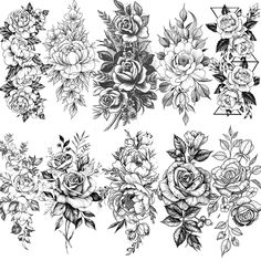 flowers and leaves are drawn in black ink on white paper, each with different designs