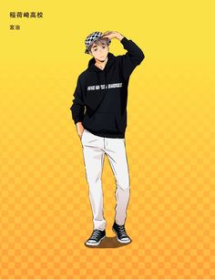 an anime character wearing a black hoodie and white pants with his hands on his head