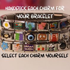 Hey, gorgeous Let's take a nostalgic trip back to the 2000s with this trendy Customizable Italian Charm Bracelet. Pick your favorite italian charms. YES, you'll receive exactly the ones you choose! To personalize your bracelet, follow these simple steps: 1. Choose your size from the dropdown menu. 2. Enter the codes for your favorite charms in the personalization box according to your chosen size. For instance: If you choose 16 Links, provide 16 codes. (A1, B25, C2, D5...) If you choose 17 Links Playful Multicolor Personalized Charm Bracelet, Affordable Personalized Novelty Charm Bracelet, Charm Bracelet Italian, Italy Charm Bracelet, Hand-strung Multicolor Charm Bracelet, New Charmed, Bracelet Collection, Italian Charm Bracelet, Personalize Bag