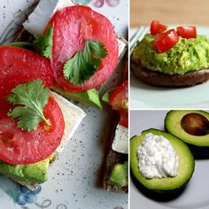 four different pictures with avocado, tomato and bread on them are shown here