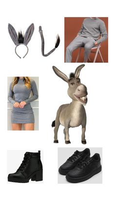 an assortment of items that include shoes, headbands and a donkey