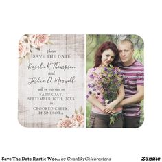 save the date card with an image of a man and woman holding flowers in their hands