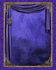 a purple and gold frame with curtains on it