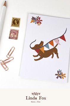 DACHSHUND GREETING CARD WITH BUNTING, SAUSAGE DOG AND FLOWERS ON FRONT BLANK INSIDE