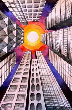 an abstract drawing of buildings with the sun shining through them