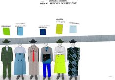 an image of men's clothing on display in different colors and sizes, including blue, green, yellow, red