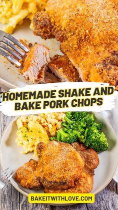 homemade shake and bake pork chops on a plate with broccoli