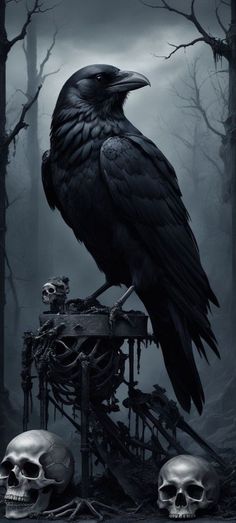 a black crow sitting on top of a table next to skulls and bones in the woods