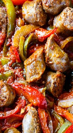 the meat and peppers are being cooked together