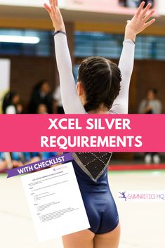 a female volleyball player with her arms in the air and text overlay that reads xcel silver requirements