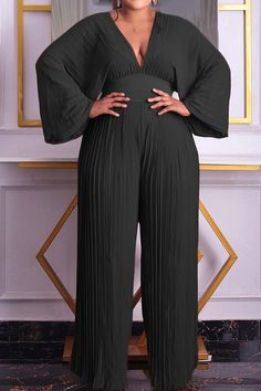 Black Casual Solid Patchwork Fold V Neck Plus Size Two Pieces Style Wide Leg Pants, African Inspired Fashion, Chiffon Long Sleeve, Comfort Wear, Pantalon Large, Fitted Trousers, Casual Sets