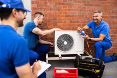 two men in blue uniforms are working on an air conditioner and another man is holding a clipboard