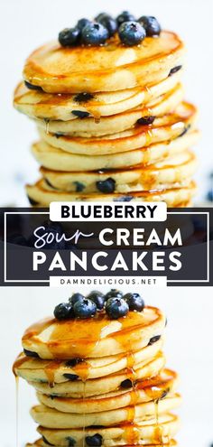 blueberry sour cream pancakes stacked on top of each other