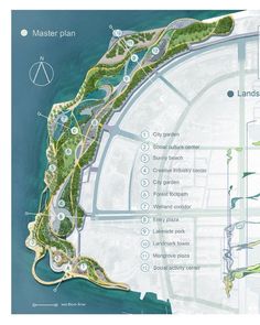 an aerial view of the master plan and its surrounding land features, including several parks